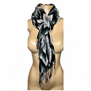 PASHMINA  Scarf Ikat Pattern Black Grey White Dark Teal Silk Cashmere Blend